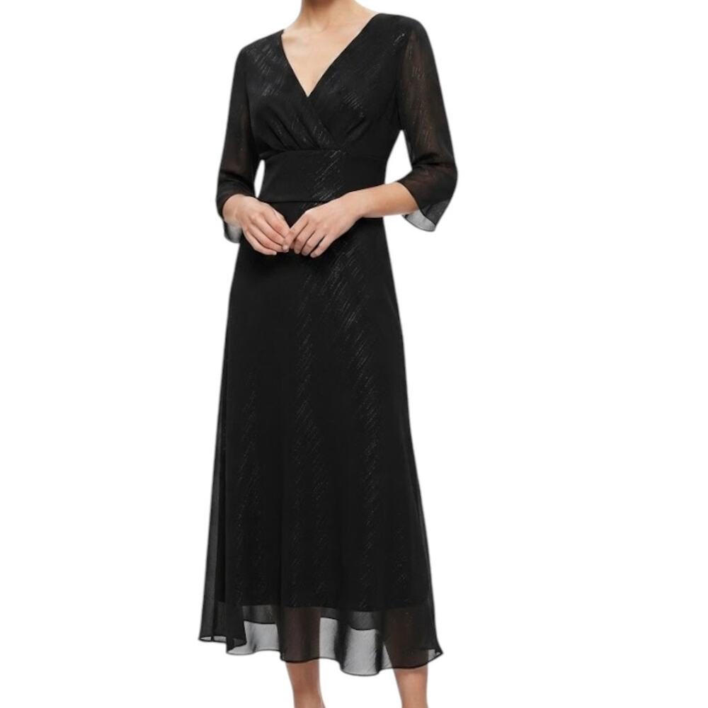 Rabbit Rabbit Rabbit Black Shimmer Wrap Midi Dress Women's Sz 10 Belted Lurex